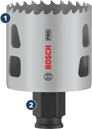 Bosch hole saw with carbide teeth for fast cutting.