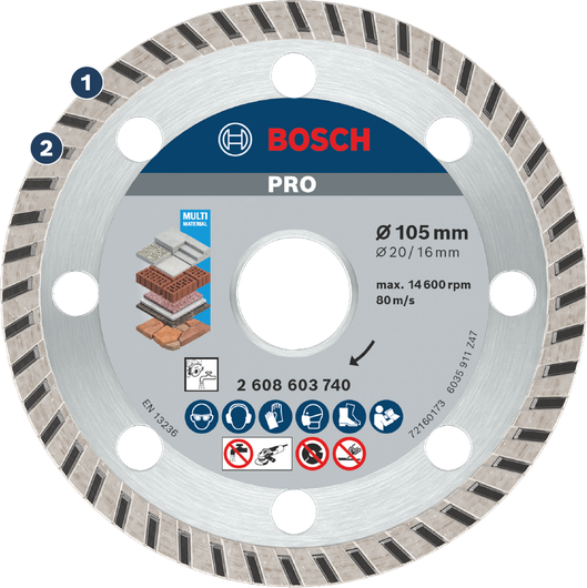 Bosch PRO Multi Material Diamond Disc 105 mm for cutting.
