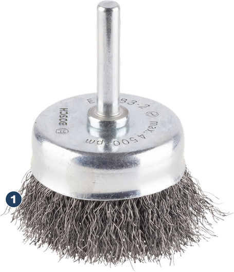 Bosch wire cup brush for drill cleaning and rust removal.