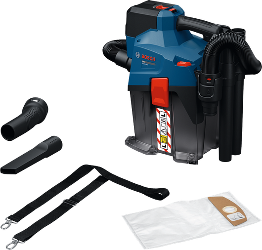 Bosch GAS18V-6LS cordless wet dry vacuum with accessories.
