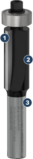Bosch straight router bit for precise woodworking.