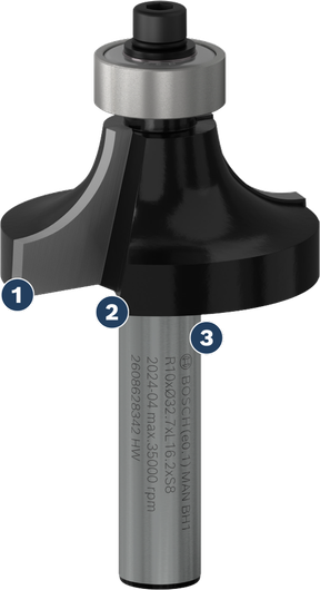 Bosch roundover router bit with ball bearing guide.