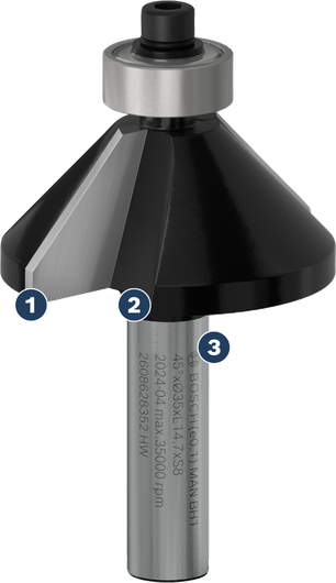Bosch chamfer router bit for angled edge cutting.