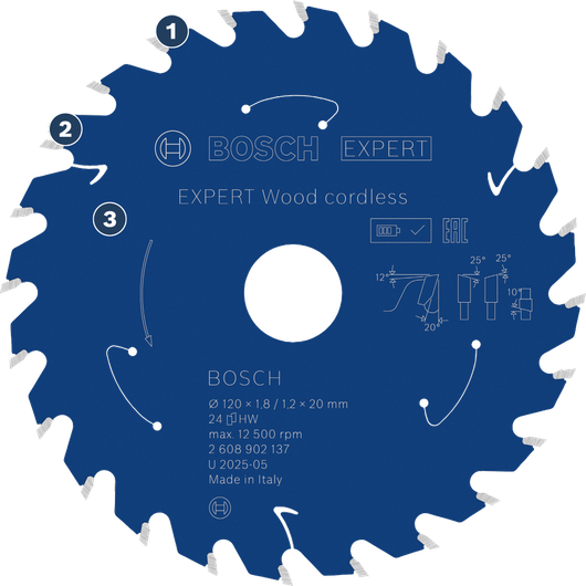 Bosch Expert Wood cordless saw blade for clean cuts.