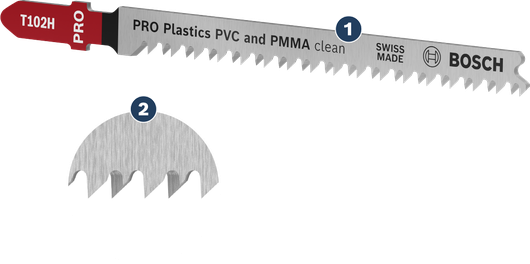 Bosch T102H jigsaw blade for clean PVC and PMMA cuts.