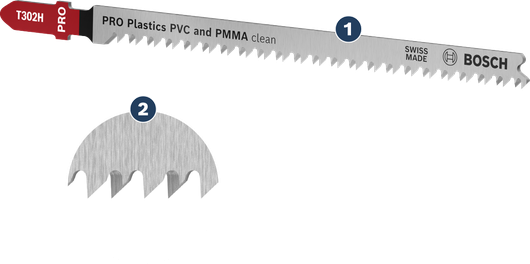 Bosch T302H jigsaw blade for clean PVC and PMMA cuts.