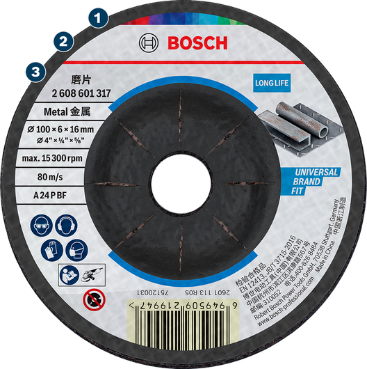 Bosch metal grinding disc for long life and universal fit.