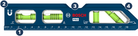 Bosch magnetic spirit level with ruler and angle vials.
