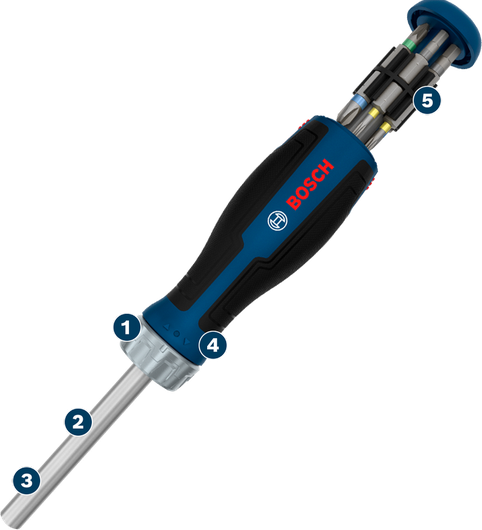 Bosch bit ratchet screwdriver with 12-piece bit magazine.