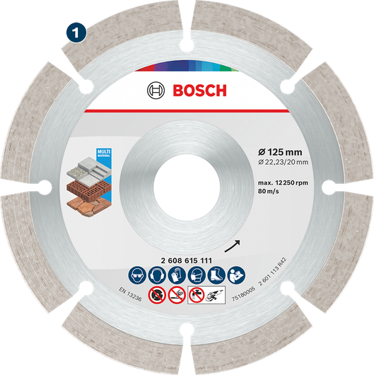 Bosch Multi Material Diamond Cutting Disc 125 mm for various surfaces.