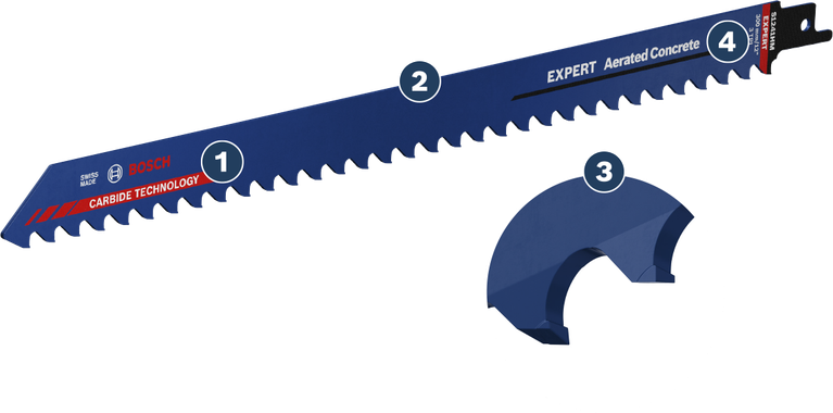 Long Life cutting aerated concrete Bosch Expert Aerated Concrete reciprocating saw blade with carbide technology.