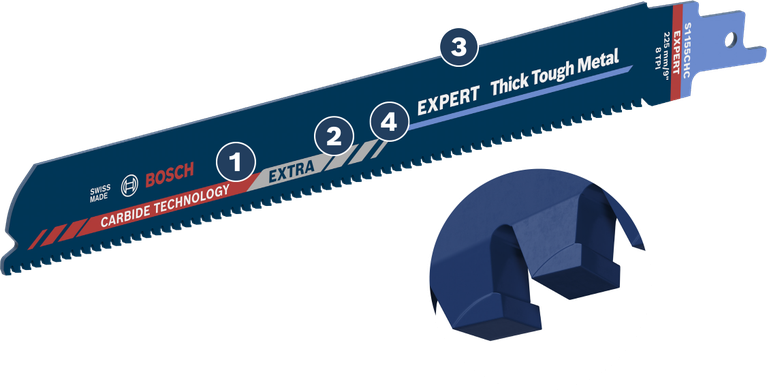 Long Life cutting thick tough metal Bosch Expert Thick Tough Metal carbide reciprocating saw blade.