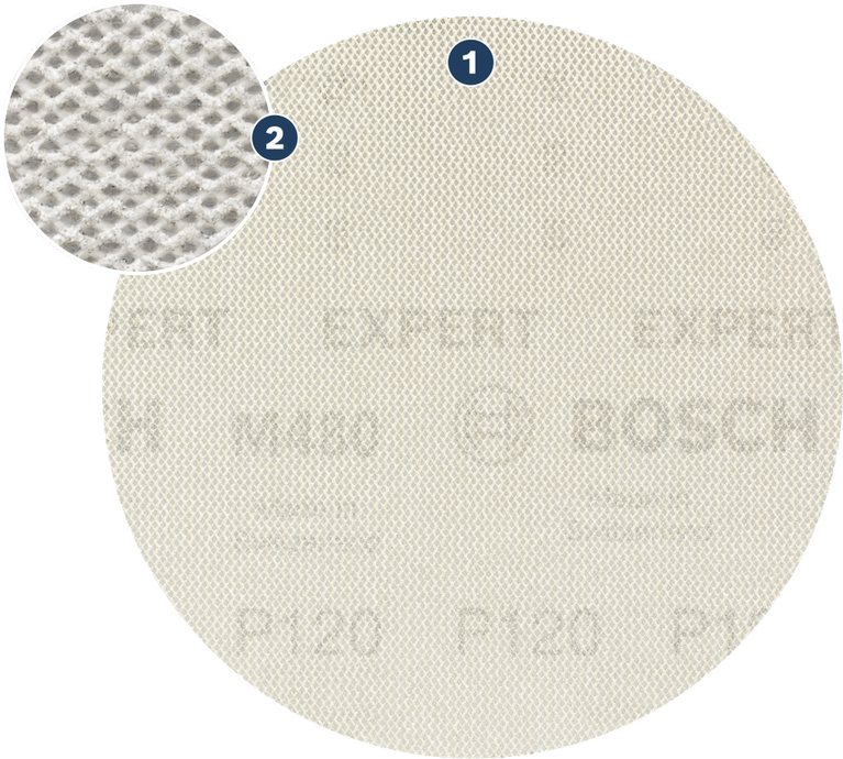 Bosch Expert mesh sanding sheet with close-up of abrasive surface.