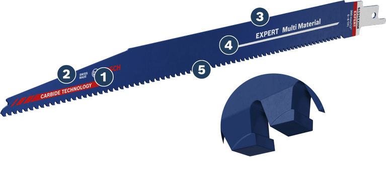 Bosch EXPERT Multi Material reciprocating saw blade with carbide teeth.