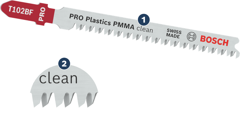 Bosch T102BF jigsaw blade for clean plastic cuts.