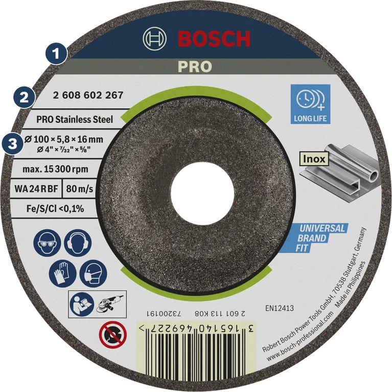 Bosch PRO stainless steel grinding disc 100 x 6 x 16 mm.