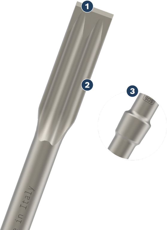 Bosch SDS chisel bit with flat tip for demolition.