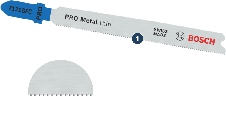 Bosch T121GFC jigsaw blade for thin metal cutting.