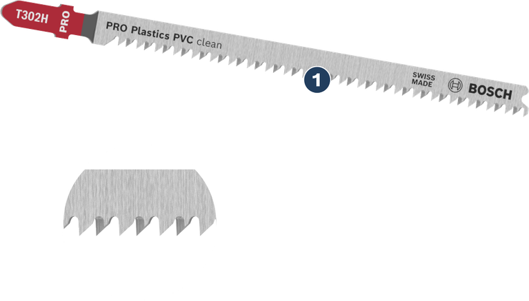 Bosch T302H jigsaw blade for clean PVC plastic cuts.