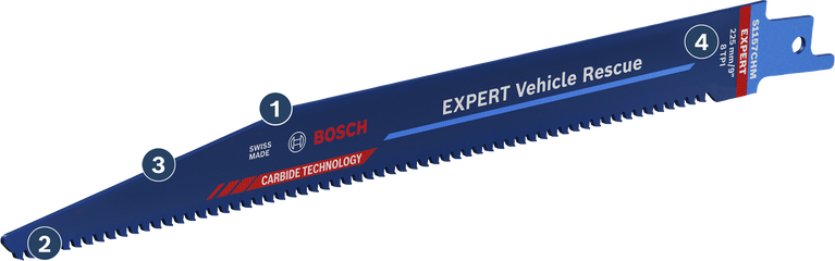 Long Life cutting modern automotive steel Bosch EXPERT Vehicle Rescue reciprocating saw blade with carbide technology.