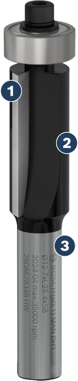 Bosch straight router bit for precise woodworking.