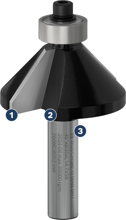 Bosch chamfer router bit for angled edge cutting.