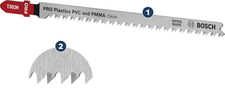 Bosch T302H jigsaw blade for clean PVC and PMMA cuts.