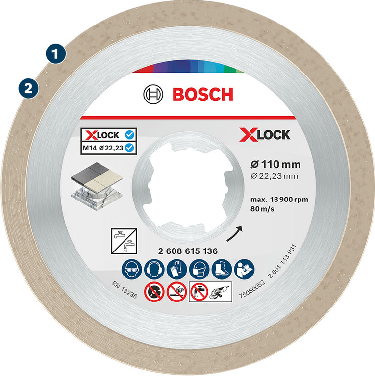 Bosch X-LOCK diamond cutting disc for stone and tiles.