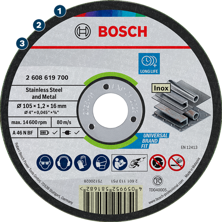 Bosch cutting disc for stainless steel and metal, long life.