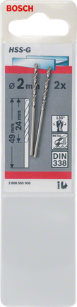 Metal drill bits HSS-G, DIN 338 Bosch 2 mm HSS-G metal drill bits 2-pack.