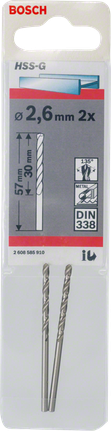 Metal drill bits HSS-G, DIN 338 Bosch 2.6mm HSS-G metal drill bits 2-pack.
