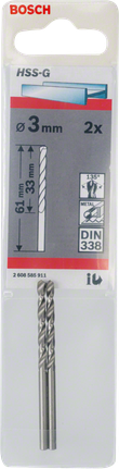 Metal drill bits HSS-G, DIN 338 Bosch 3mm HSS-G metal drill bits 2-pack.