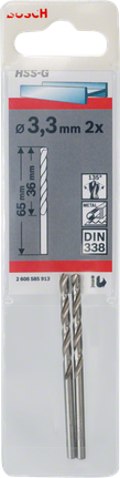 Metal drill bits HSS-G, DIN 338 Bosch 3.3mm HSS-G metal drill bits 2-pack.