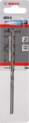 Metal drill bits HSS-G, DIN 340 Bosch HSS-G 4mm metal drill bit.
