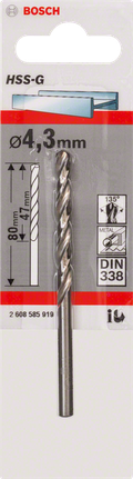 Metal drill bits HSS-G, DIN 338 Bosch 4.3mm HSS-G metal drill bit.