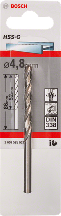 Metal drill bits HSS-G, DIN 338 Bosch 4.8mm HSS-G metal drill bit.