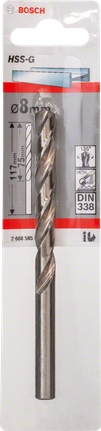 Metal drill bits HSS-G, DIN 338 Bosch 8mm HSS-G metal drill bit.