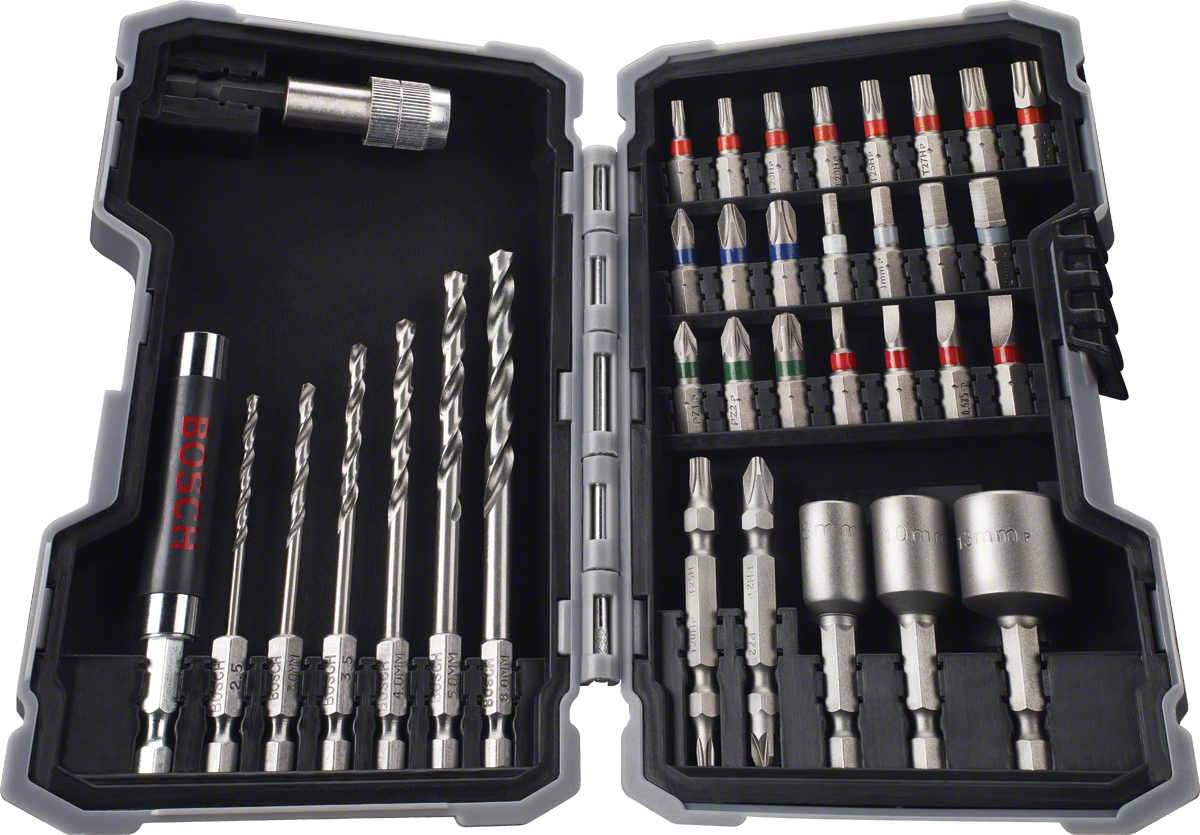 Bosch 43 piece drill and screwdriver bit set in case.