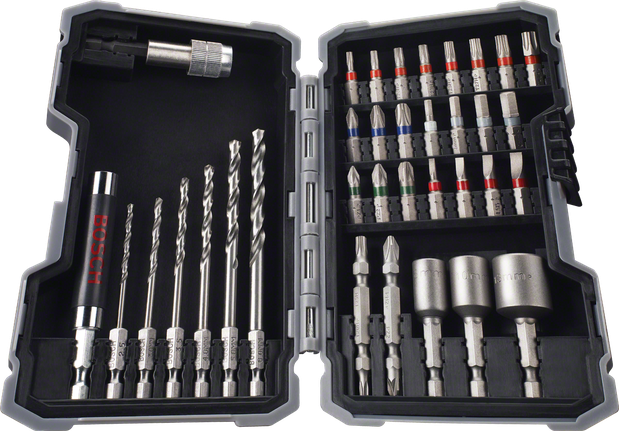 Bosch 43 piece drill and screwdriver bit set in case.