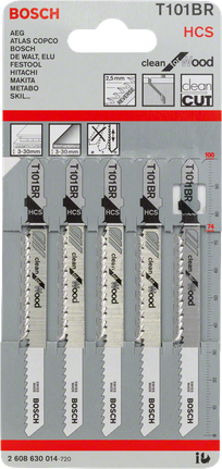 Bosch T101BR jigsaw blades for clean wood cutting.