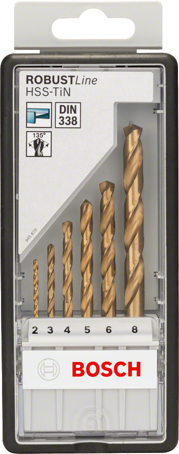 Bosch 6-piece HSS-TiN metal drill bit set 2-8 mm.