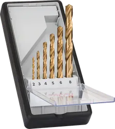 Bosch 6-piece Robust Line HSS-TiN metal drill bit set.