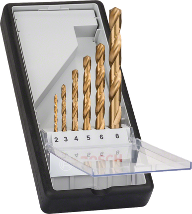 Bosch 6-piece Robust Line HSS-TiN metal drill bit set.