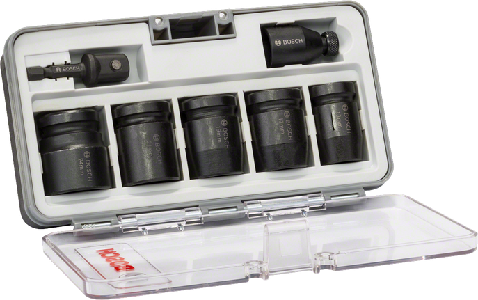 7-piece socket set 13 - 24 mm Bosch 7-piece socket set 13-24 mm in storage case.