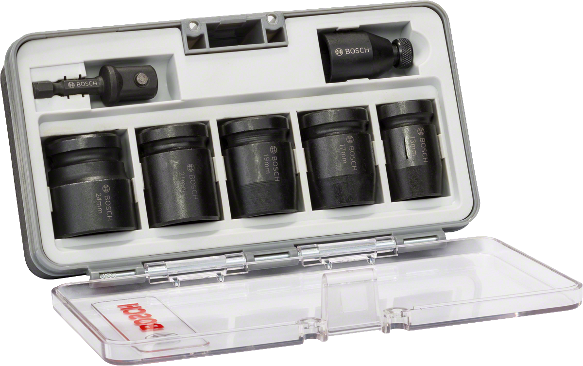 Bosch 7-piece socket set 13-24 mm in case.
