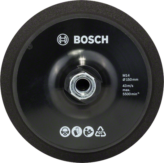 Bosch M14 150mm backing pad with hook-and-loop fastening.