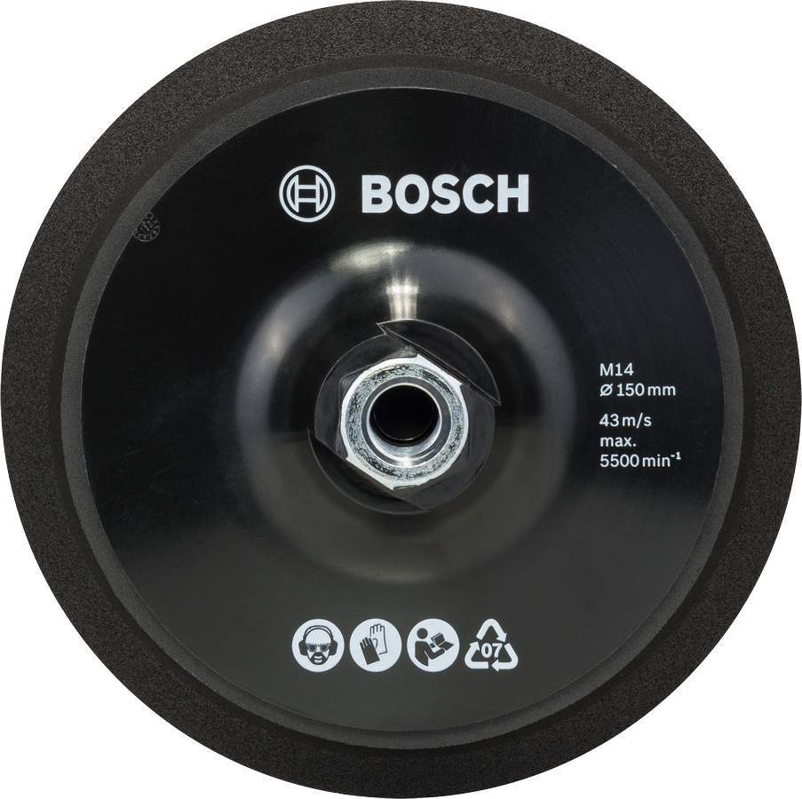 Bosch M14 150 mm backing pad with hook-and-loop fastening.