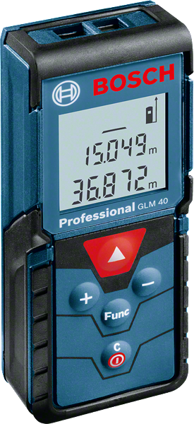 Bosch GLM 40 laser measure, digital distance readings.