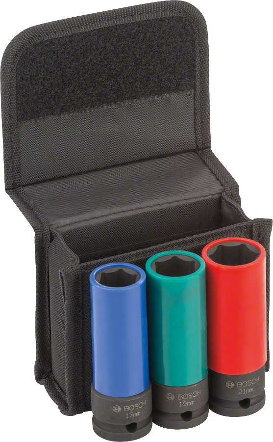 Bosch impact socket set with 17, 19, 21mm sizes.