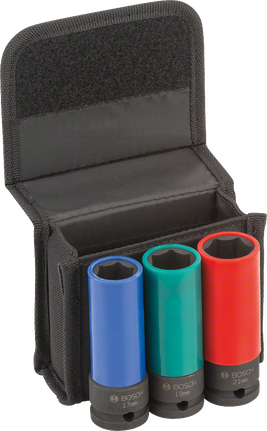3-piece socket set 17/19/21 mm Bosch impact socket set with 17, 19, 21mm sizes.